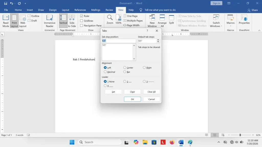 Cara menggunakan tab stop untuk membuat daftar isi