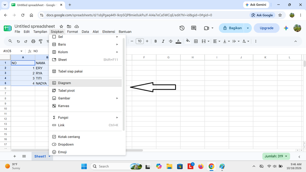 pilih diagram untuk membuat grafik di spreadsheet