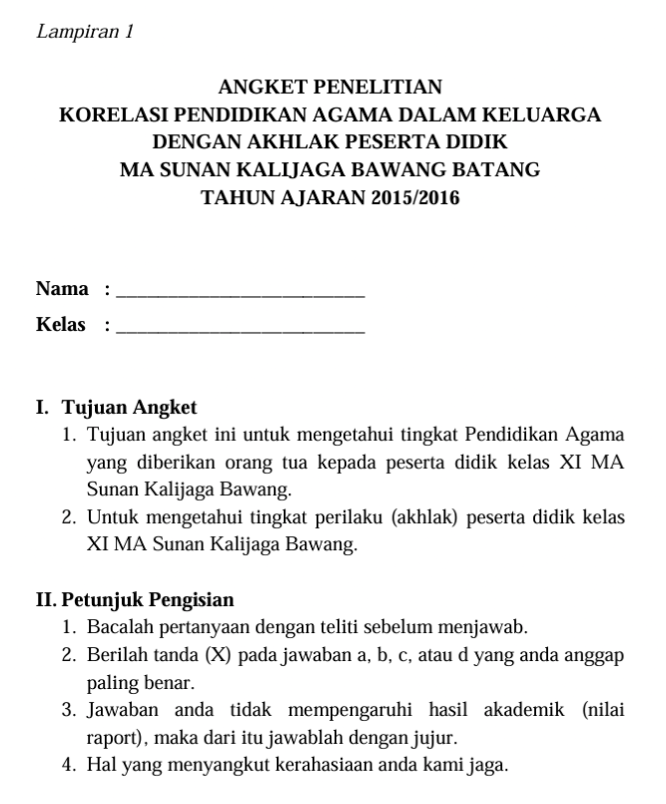 Contoh angket penelitian