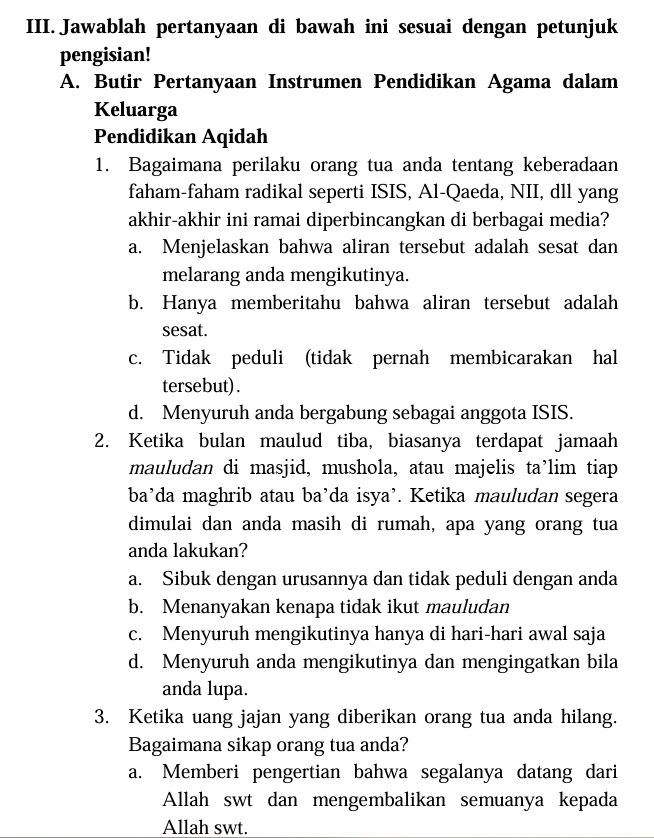 Isi angket penelitian